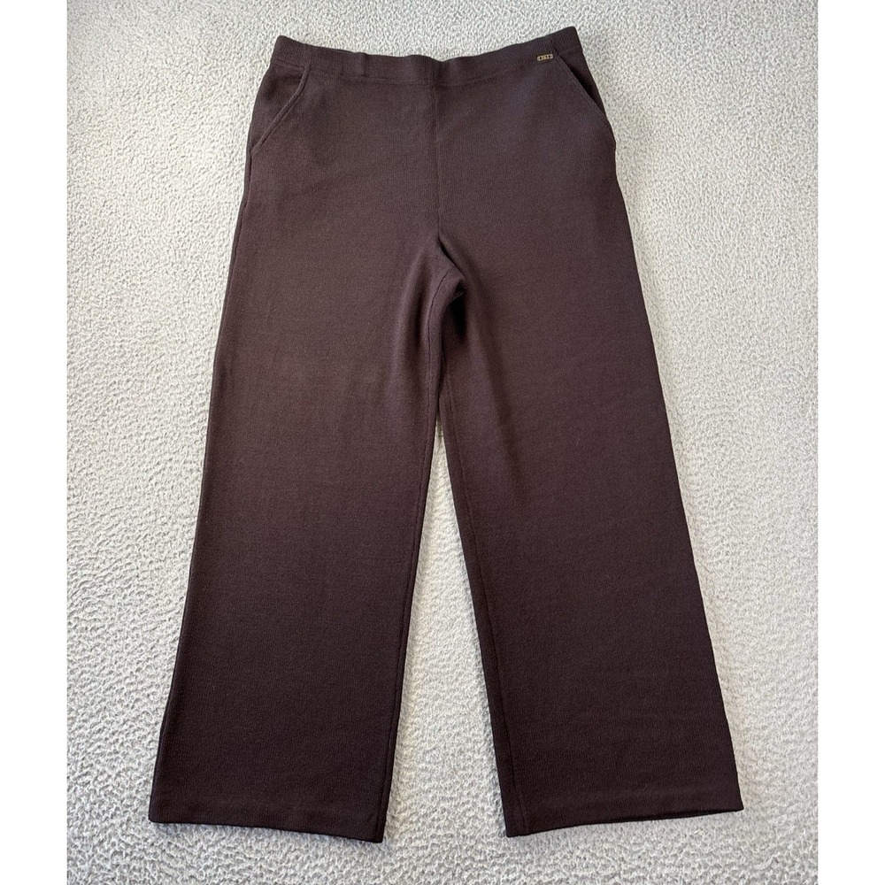 St John Sport Santana Knit Pants Womens Large Wide Leg Wool Blend Pull On